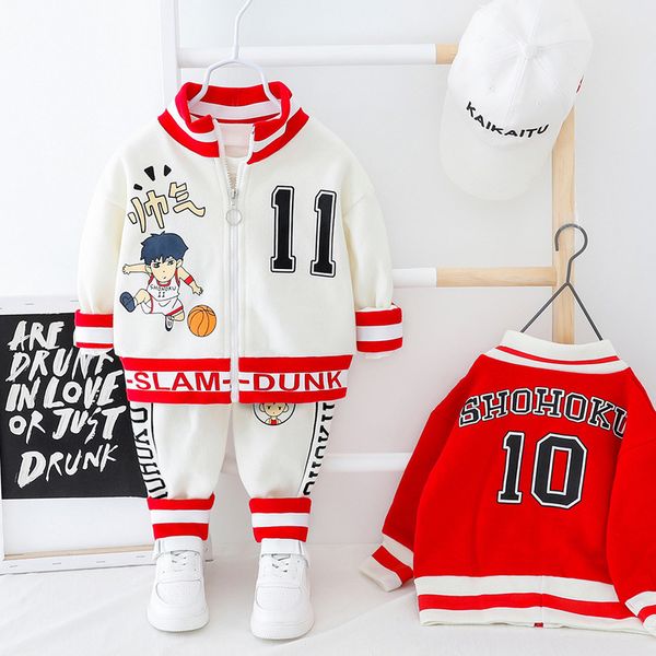 

spring sport baby tracksuit letter printed boy coat+pants 2pcs basketball suit fashion children casual outfit cartoon boys sets, White