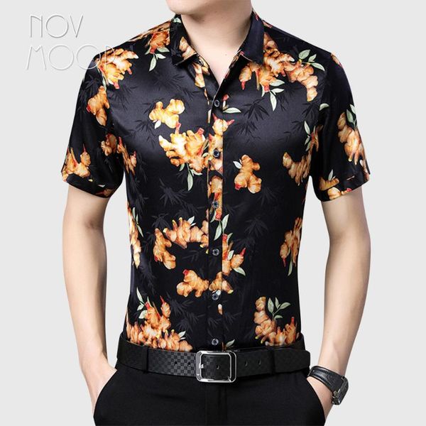 

korean casual floral printed style spring summer black short sleeve spandex silk men shirt camisa masculina chemise lt3056, White;black