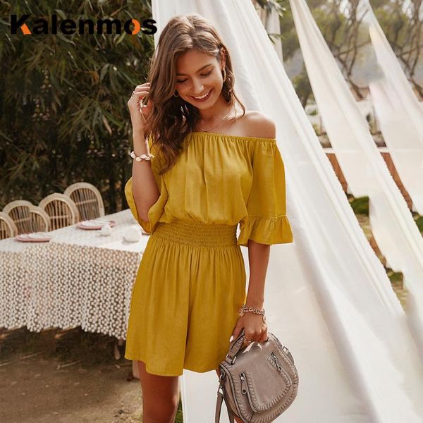 

kalenmos rompers women jumpsuit shorts off shoulder summer wide pants one piece playsuit strapless beach leisure overalls, Black;white