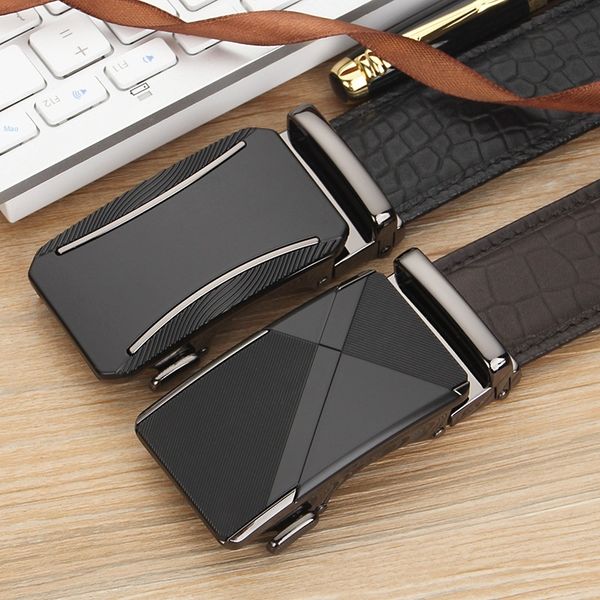 

genuine leather men's head layer cowhide crocodile pattern automatic buckle leather belt men's business leisure belt, Black;brown