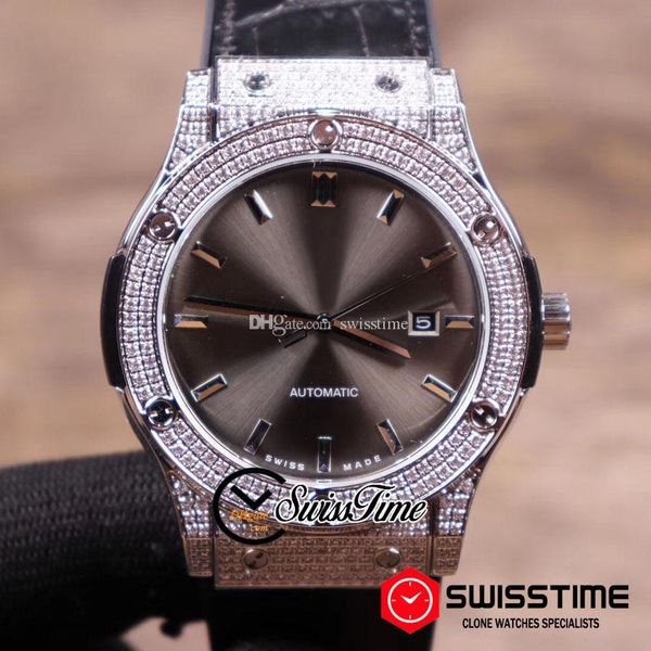 

new big automatic mens watch steel diamond case gray dial silver stick markers black leather rubber strap new swisstime hubg06b2, Slivery;brown