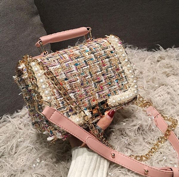 

wholesale women handbag sweet ladies plaid chain bag winter new woolen fabric women shoulder bag elegant atmosphere fashion fashion bag
