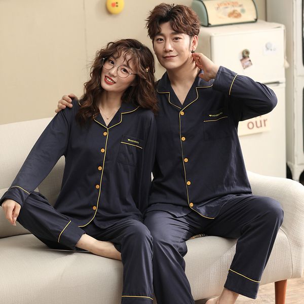 

couple pajama set full pure cotton pijamas mujer long sleeve sleepwear his-and-her home suit pyjama for lover man woman clothes, Black;brown