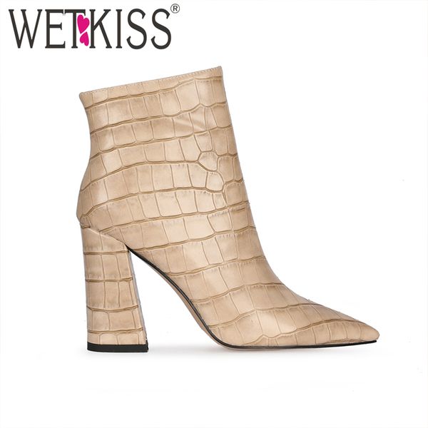 

wetkiss women ankle boots fashion pointed toe chunky high heels shoes woman booties embossed block heel short boots, Black