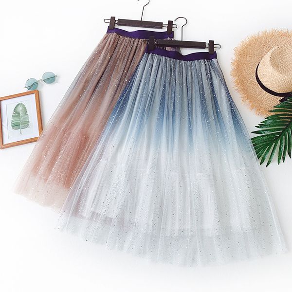 

gradient skirts 2020 new summer galaxy star tutu skirt sequins shiny mesh skirt sweet fresh chic high waist pleated tulle, Black