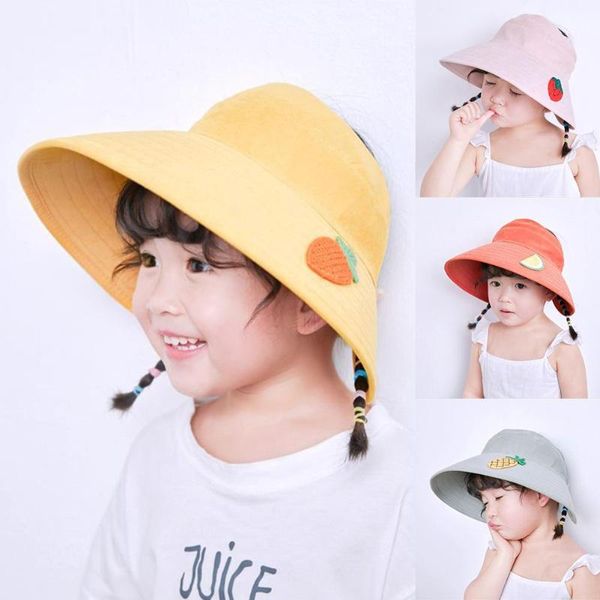 

cute pineapple fruit print kids wide brim adjustable anti-uv upf 50+ sun hat empty visor cap sthe flying spit, Blue;gray