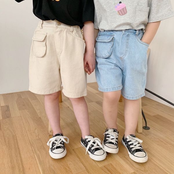 

tgg2020 new children's korean style pocket trousers and jeans medium pants casual jeans for boys and girls, Blue