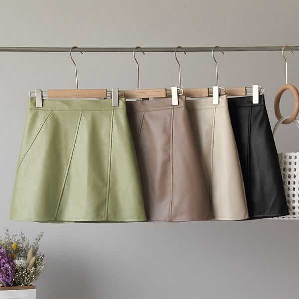 

omalai]style women's new simple pu leather solid color high waist a- a- line a- line skirt skirt 4468, Black