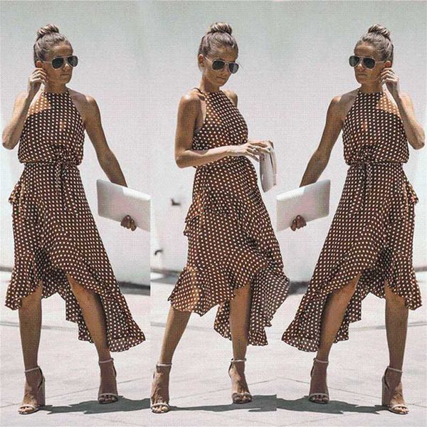 

vintage women polka dot dresses summer ruffles halter irregular lace up dress sleeveless dresses for female vestidos, Black;gray