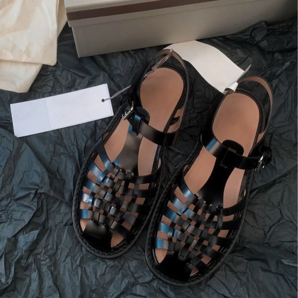 

2020 hollow weave rome sandal round toe flat with ankle buckle casual comfly beach women shoes cut out summer sandals, Black
