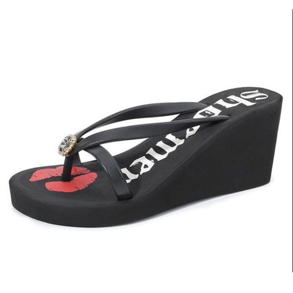 

summer shoes for women fashion high-heels 8cm women flip flops lips beach shoes vacation slippers non-slip slippers sh492, Black
