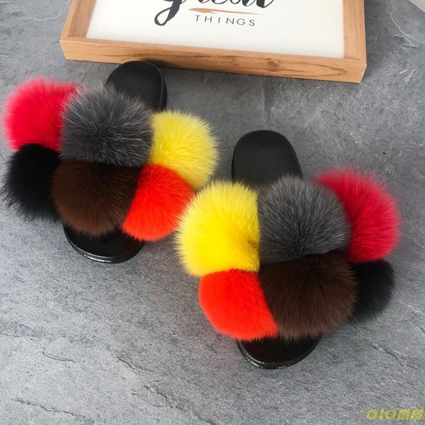 

women large fur ball slides custom extra fluffy full fur sandals wholesale luxury summer real slippers women natural, Black