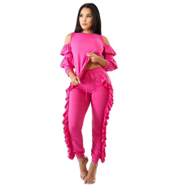 

two piece set grey tracksuit womens cold shoulder ruffle crop and skinny pants leisure sweatpants outfit ladies sweat suits, White