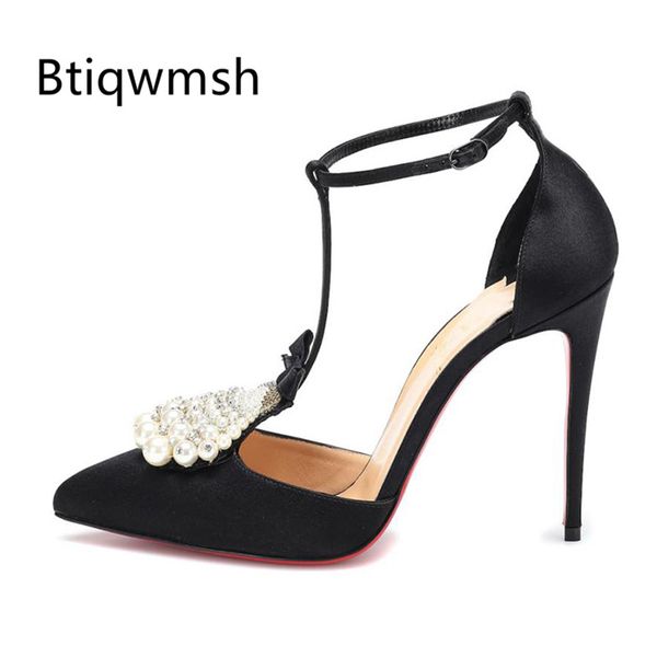 

2020 pearl sandals woman pointed toe black satin butterfly knot t-strap 10cm high heel shoes woman party shoes