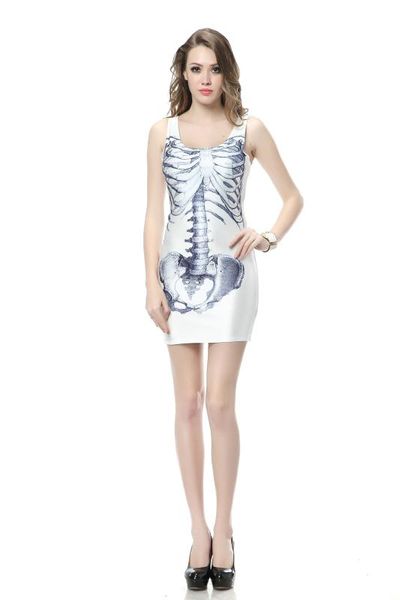 

woman human bones skull 3d printed sleeveless dress for women cosplay halloween costume anime bodycon slim round neck dresses, Black;gray