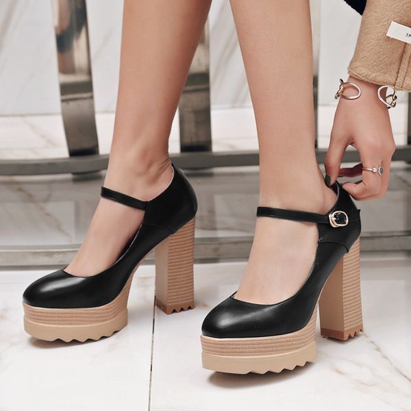 

lihuamao mary jane shoes for women high heel platform round toe ankle strap ladies pumps work party wedding shoes, Black