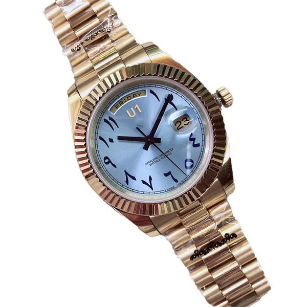 

u1 factory full gold day date 41mm silver new blue arabic dial 218239 automatic mechanical sapphire glass president steel men wristwatches, Slivery;brown