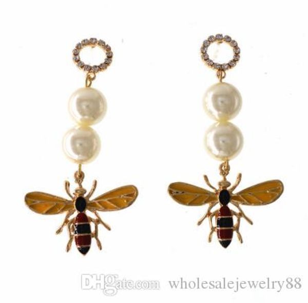 

retro insect bee dangle earrings crystal pearl enamel eardrop ear studs for women party jewelry accessories, Golden;silver