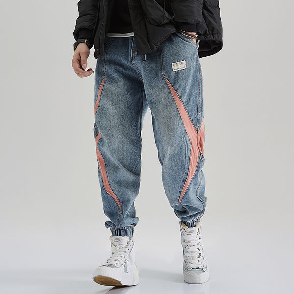 

fashion streetwear men jeans retro blue spliced denim cargo pants harem trousers printed designer hip hop jeans men jogger pants
