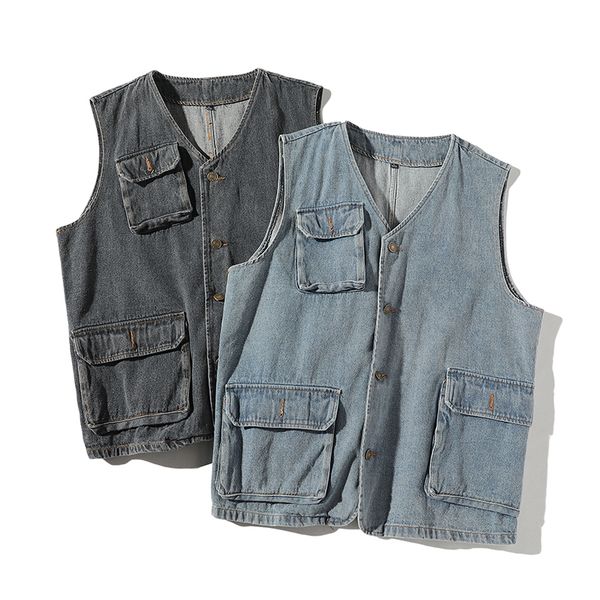 

men denim vests many pockets big casual vests autumn winter plus size s-4xl loose male 100% cotton man jacket, Black;white