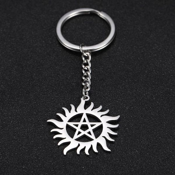 

skyrim sun wheel pentagram charm car keychain supernatural dean stainless steel key chains key-ring holder pendant for to bag, Silver