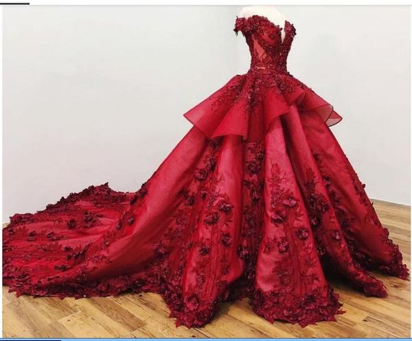 

luxurious dark red prom dresses off shoulder 3d floral appliques ball gown beaded court train formal evening gowns custom made