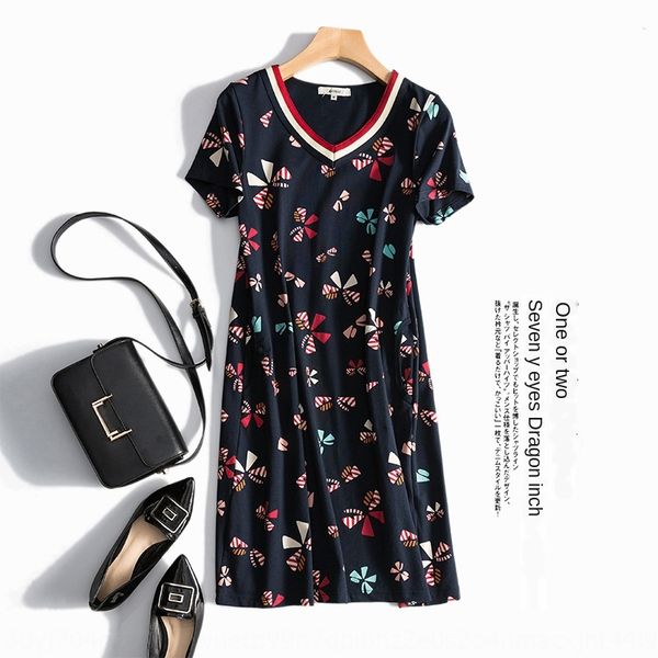 

2020 t-shirt dress new v-neck large size dress women's summer print short sleeve mid-length casual t-shirt skirt fashion, Black;gray