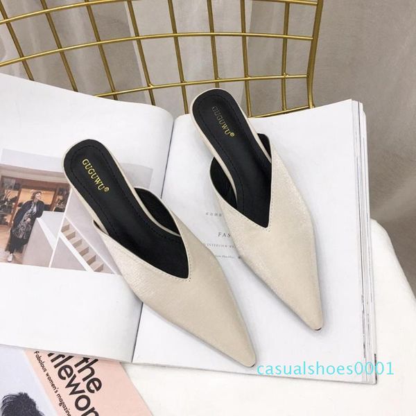 

shoes med woman's slippers slides mules for women 2020 cover toe thin heels fashion new pointed luxury silk fabric pu rome c01, Black