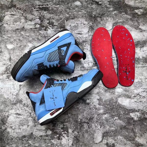 

2019 authentic 4 x travis scott cactus jack 4s iv houston oliers university blue varsity red men basketball shoes 308497-406 with box