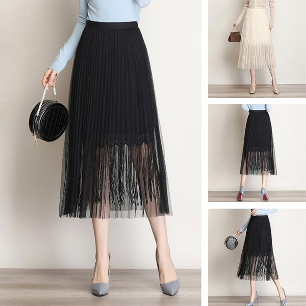 

pleated mesh yarn skirt high waist mid-length yarn wild a-line skirt dress women's fashion wild thin section black four seasons
