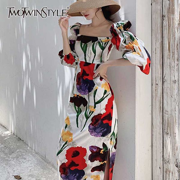 

twotwinstyle элегантных печатей платья женщин площадь воротник фонарь три четверть рукав высокой талии бокового сплит midi платье женский ti, Black;gray