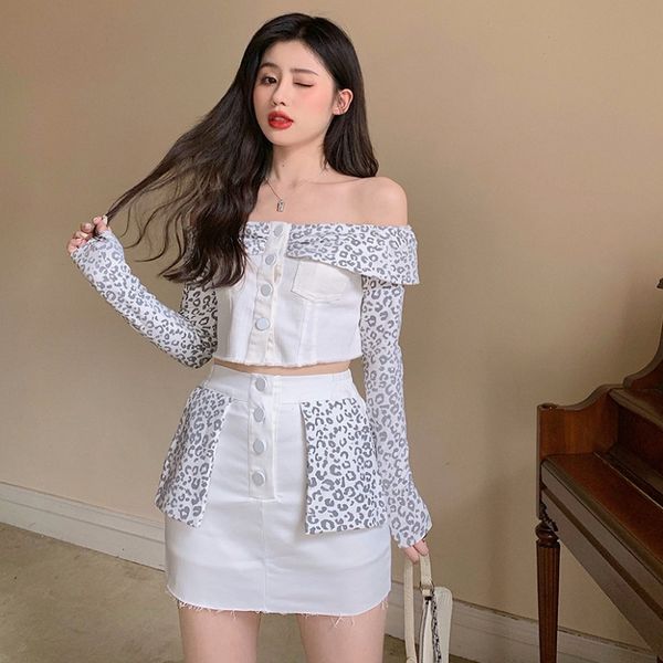 

нана моды женские платья магазин leopard -плеча лучшие тонкий высокой талией юбка богиня вентилятора брюки костюм два-piece set, Black;white