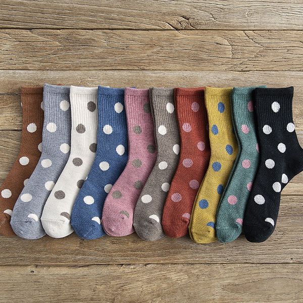 

autumn new cotton korean style women's polka dot sweet personality breathable medium medium socks sweat-absorbent mid-calf socks, Pink;yellow