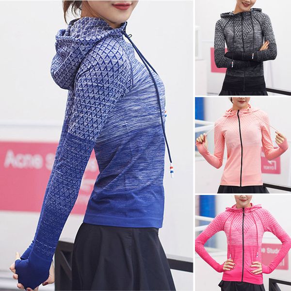 

newly fashion women girls spring long sleeve yoga jacket coat gradient rendering color zipper quick-dr quick-dry sportswear ya88, Black;red