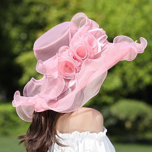 

feather big eaves ougen yarn summer 2020 sun hat ladies flower sunshade beach hat sunshade uv protection, Blue;gray