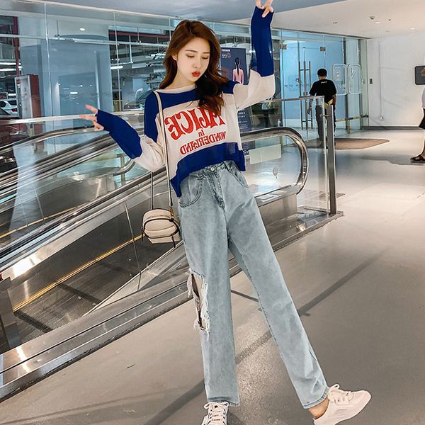

women's jeans 2021 korean fashion chic high waist straight women blue casual loose plus size wide leg trousers ripped pants