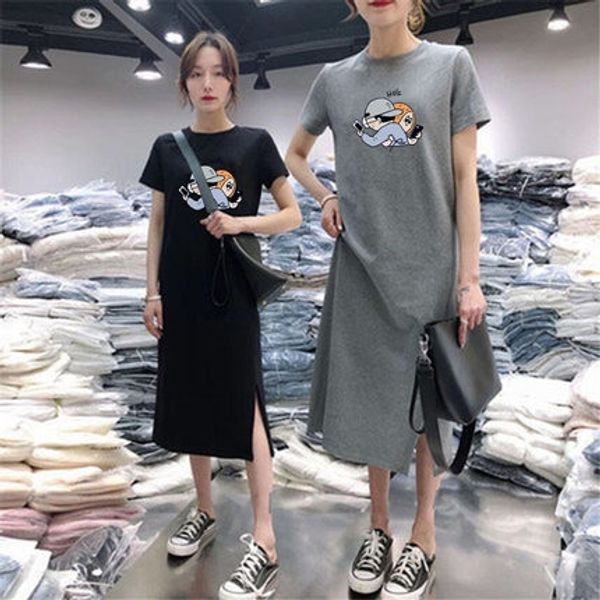

8vpmg 0956summer new short-sleeved student dress belly-covering mid-length knee-length casual skirt for women 0956summer new short-sleeved s, Black;gray