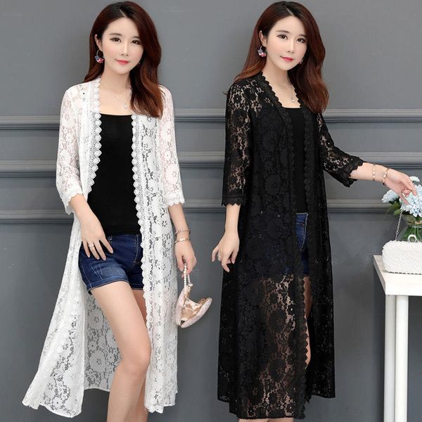 

with/without lace sunscreen clothes lace cardigan midi mesh shawl loose overknee sunscreen clothes female, Blue;gray