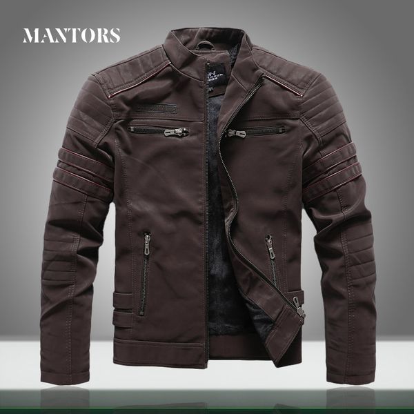 

mens leather jacket casual 2020 autumn winter stand collar men motorcycle jackets fleece zipper pu leather coats, Black;brown