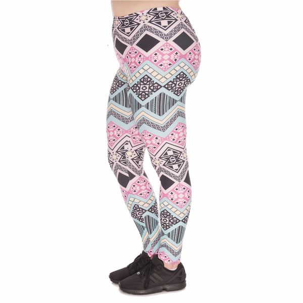 

large size women leggings polyester aztec printing high waist leggins plus size stretch trousers pants for plump women, Black