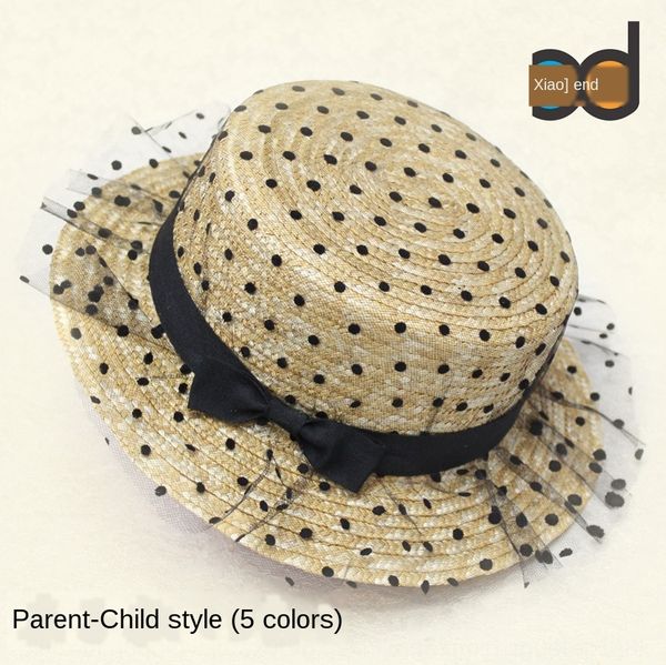 

korean lace mesh polka dot bow straw lace straw hat female summer beach sunshade parent-child hat, Blue;gray