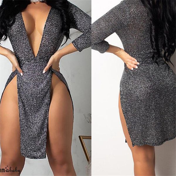 

trendy women dress slim deep v neck long sleeve casual bandage bodycon polyester mini dresses one pieces, Black;gray