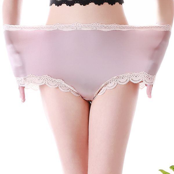 Cintura alta tamanho grande calcinha sexy sem costura cetim cuecas de seda roupa interior renda guarnição macio elástico lingerie calcinha feminina rosa 5xl218t