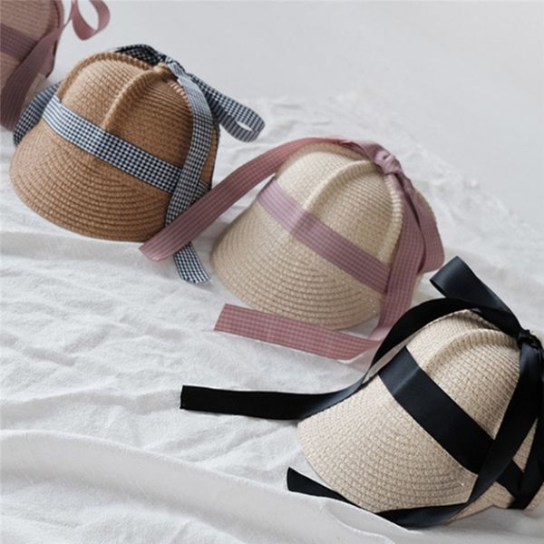 

fashion summer boys girls peaked straw hat for toddler kids autumn bow ribbon casual cap children sun snapback caps, Yellow