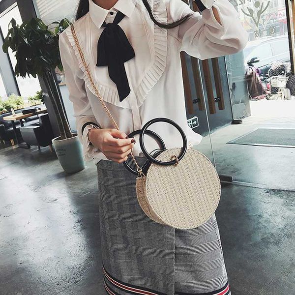 

women handmade round beach shoulder bag circle straw bags summer woven rattan handbags women messenger bags(white