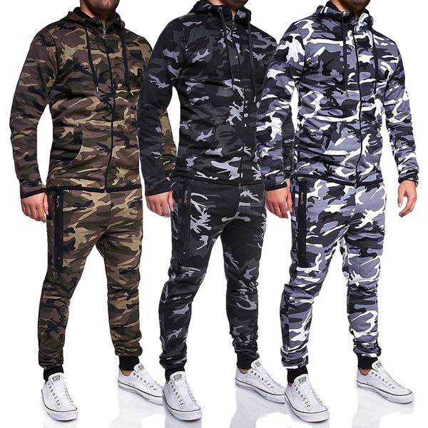 

men sets track suit 2020 camouflage jacket camo print tracksuit matching sportswear hoodie coat pants sweatsuit, Gray