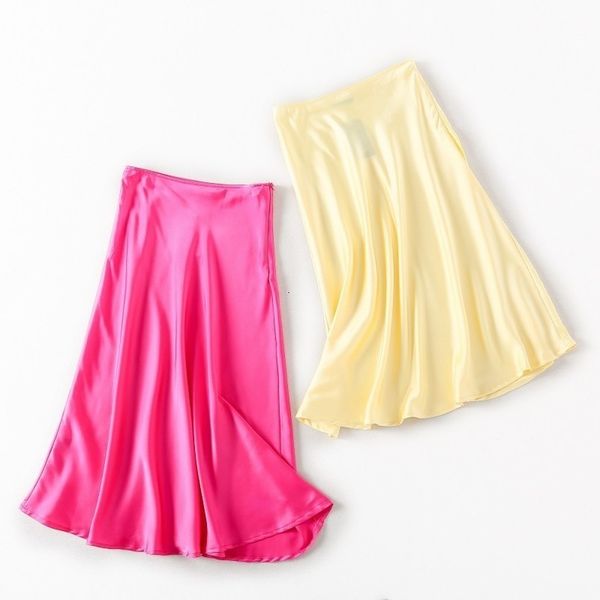 

fashion yellow pink midi skirts womens streetwear korean casual boho high waist satin skirt casual pleated jupe femme 2020, Black