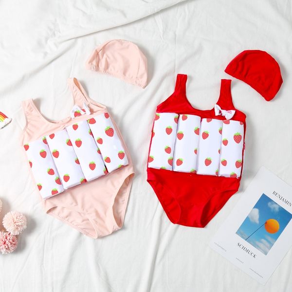 

chqoj children's buoyancy swimsuit new girl boy baby cute swimsuitstrawberry swimsuit polka dot strawberry one-piece triangle swimming, Black;red