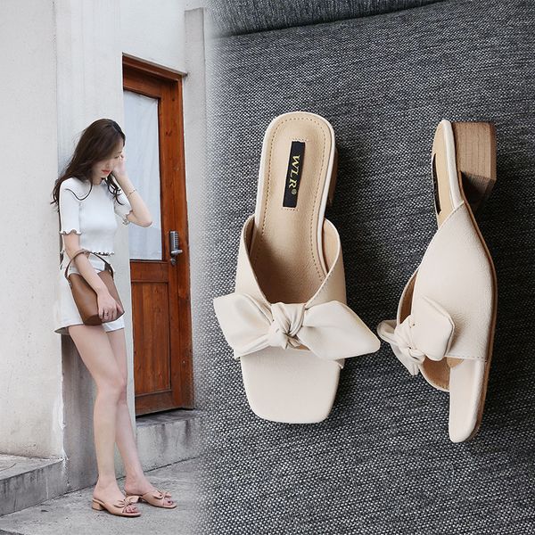 

butterfly-knot flipflops women leather sandals low thick heels wedges bow sandals woman beach slippers ladies slides sandalias, Black