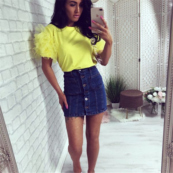 

women boho summer tulle ruffle short sleeve t-shirt lady casual blouse shirt t shirt lady loose casual blouse, Gray